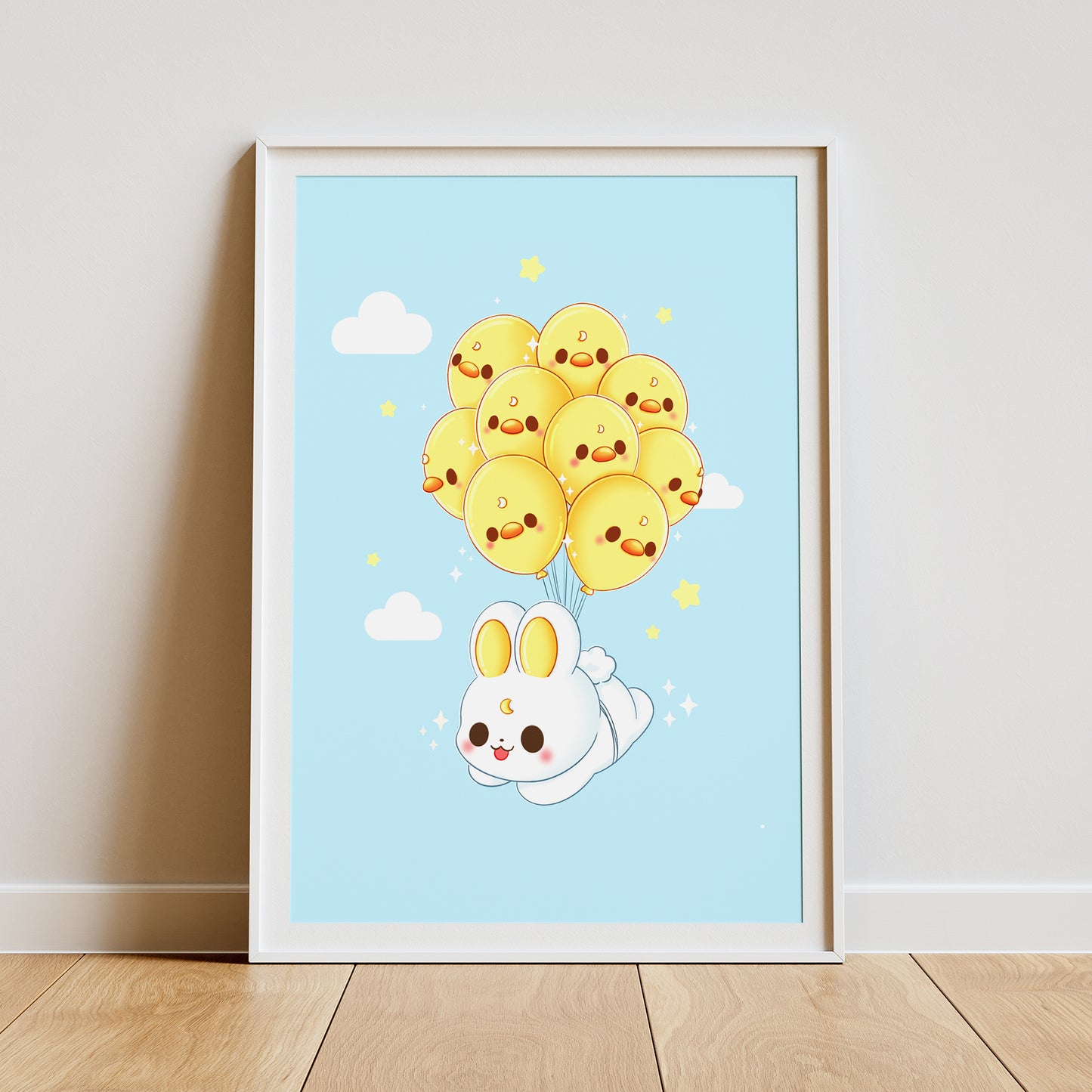 Hase fliegt mit Ballons Art Print