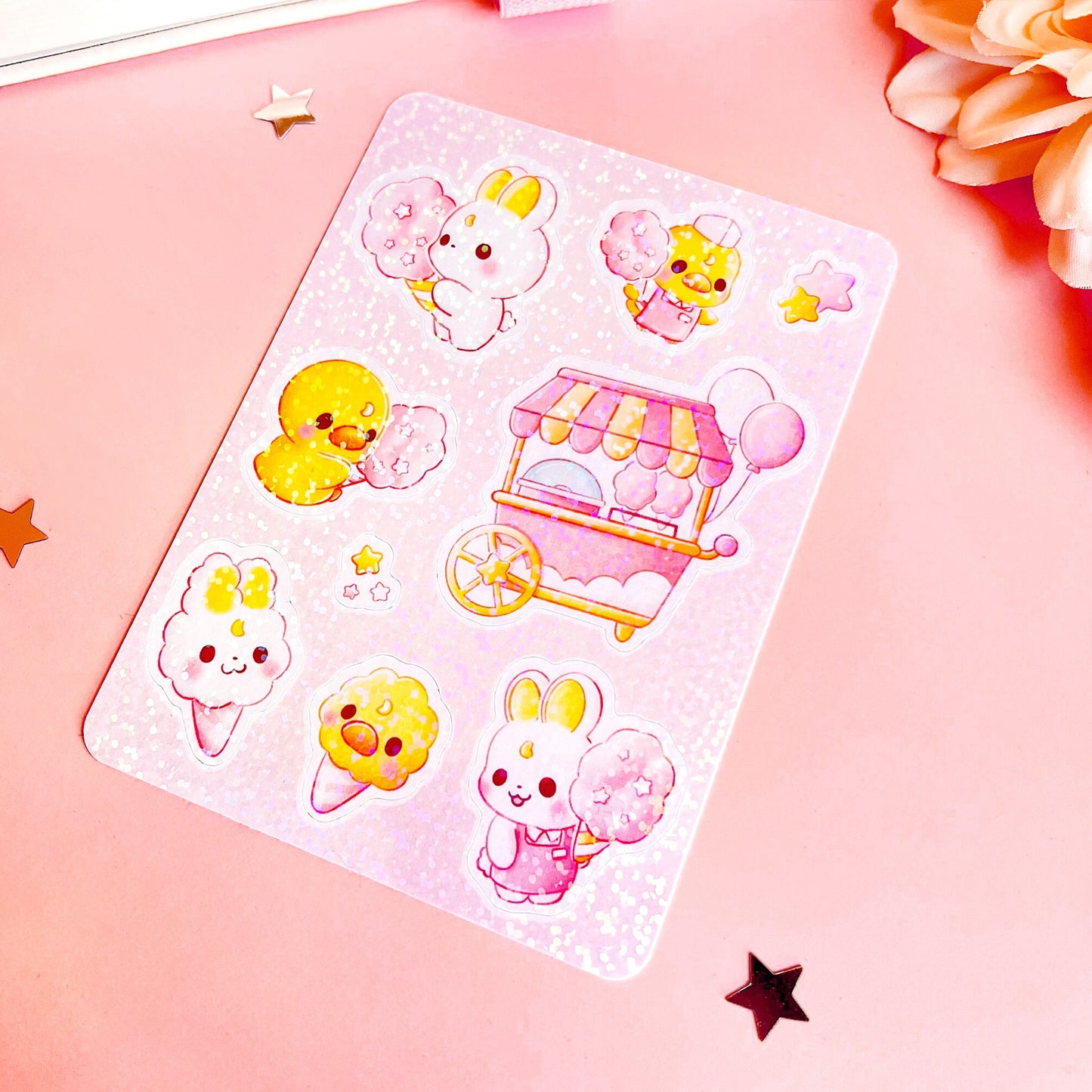 Hase und Ente mit Zuckerwatte Stickerbogen