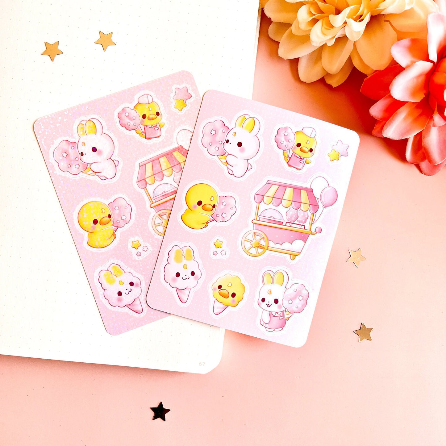 Hase und Ente mit Zuckerwatte Stickerbogen