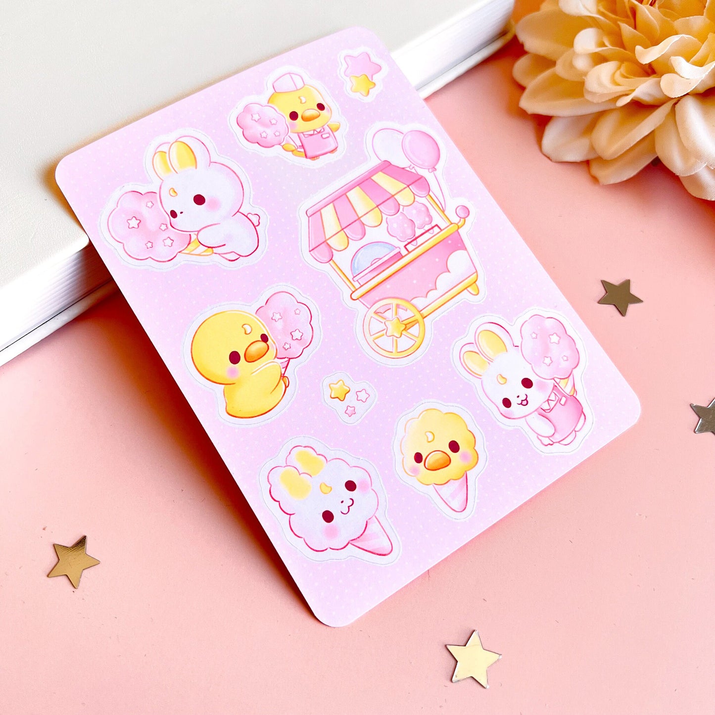 Hase und Ente mit Zuckerwatte Stickerbogen