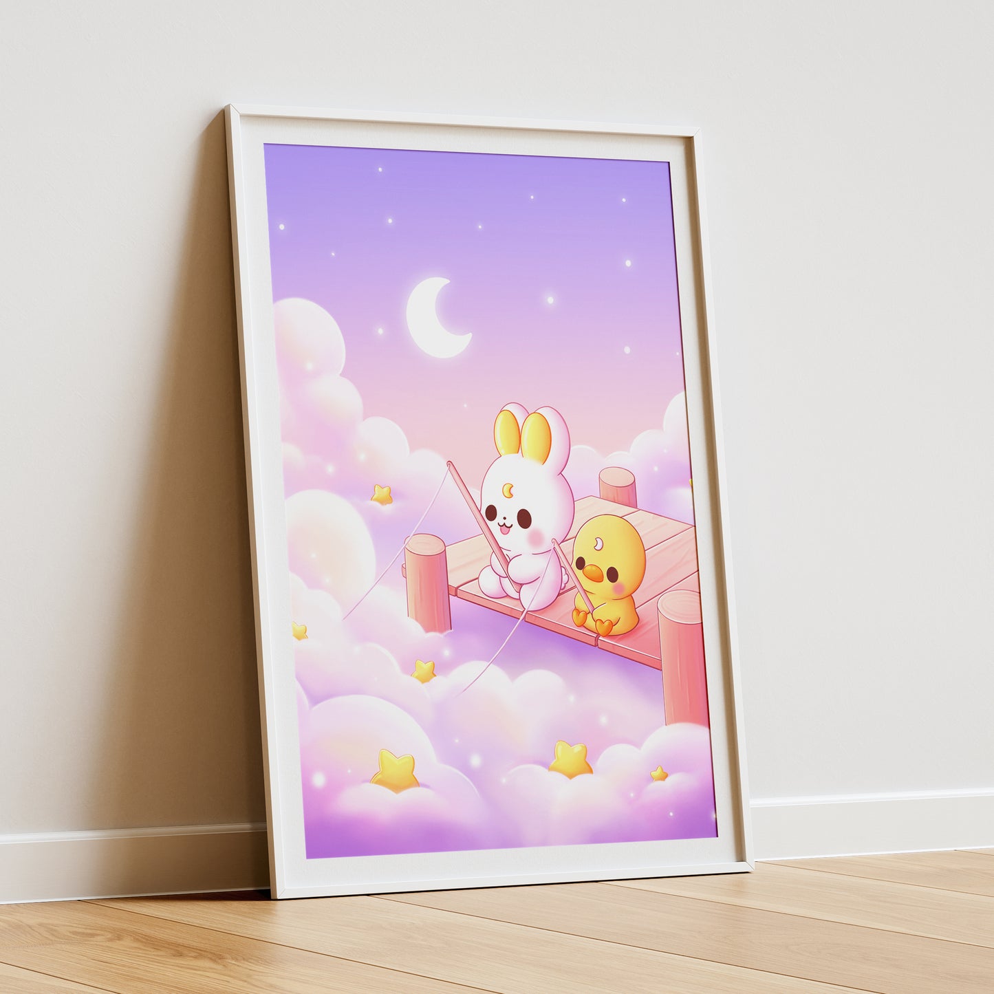 Hase und Ente fischen im Wolkenmeer Art Print