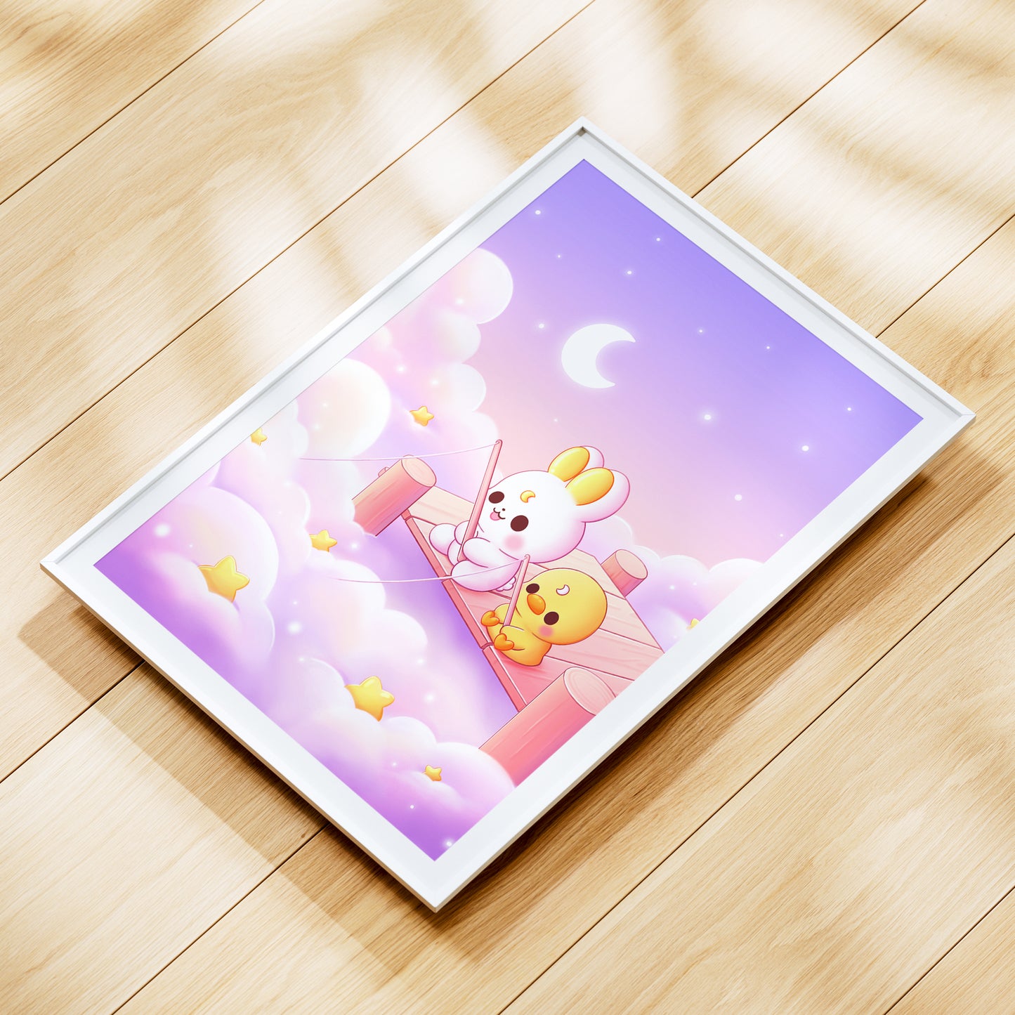 Hase und Ente fischen im Wolkenmeer Art Print