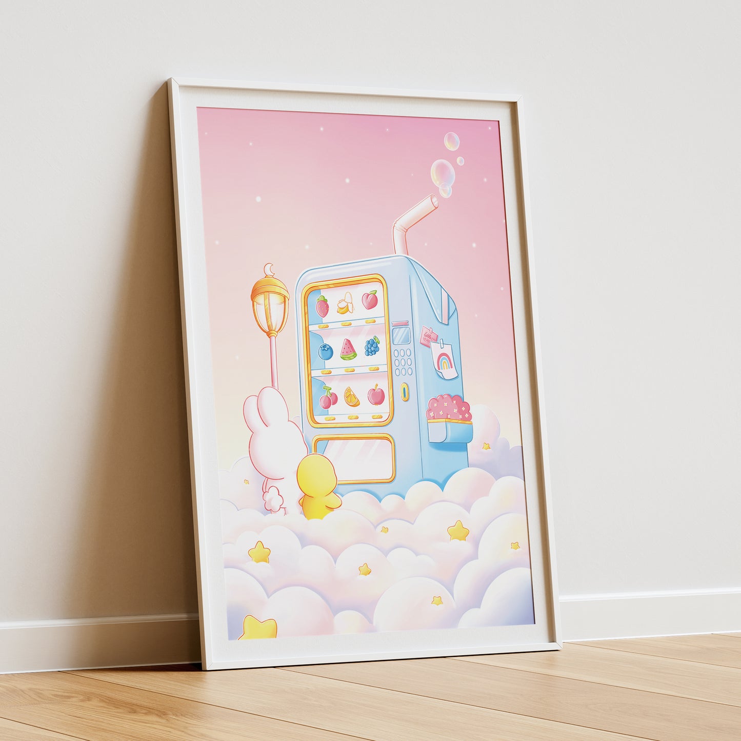 Hase und Ente vor einem Automaten Art Print
