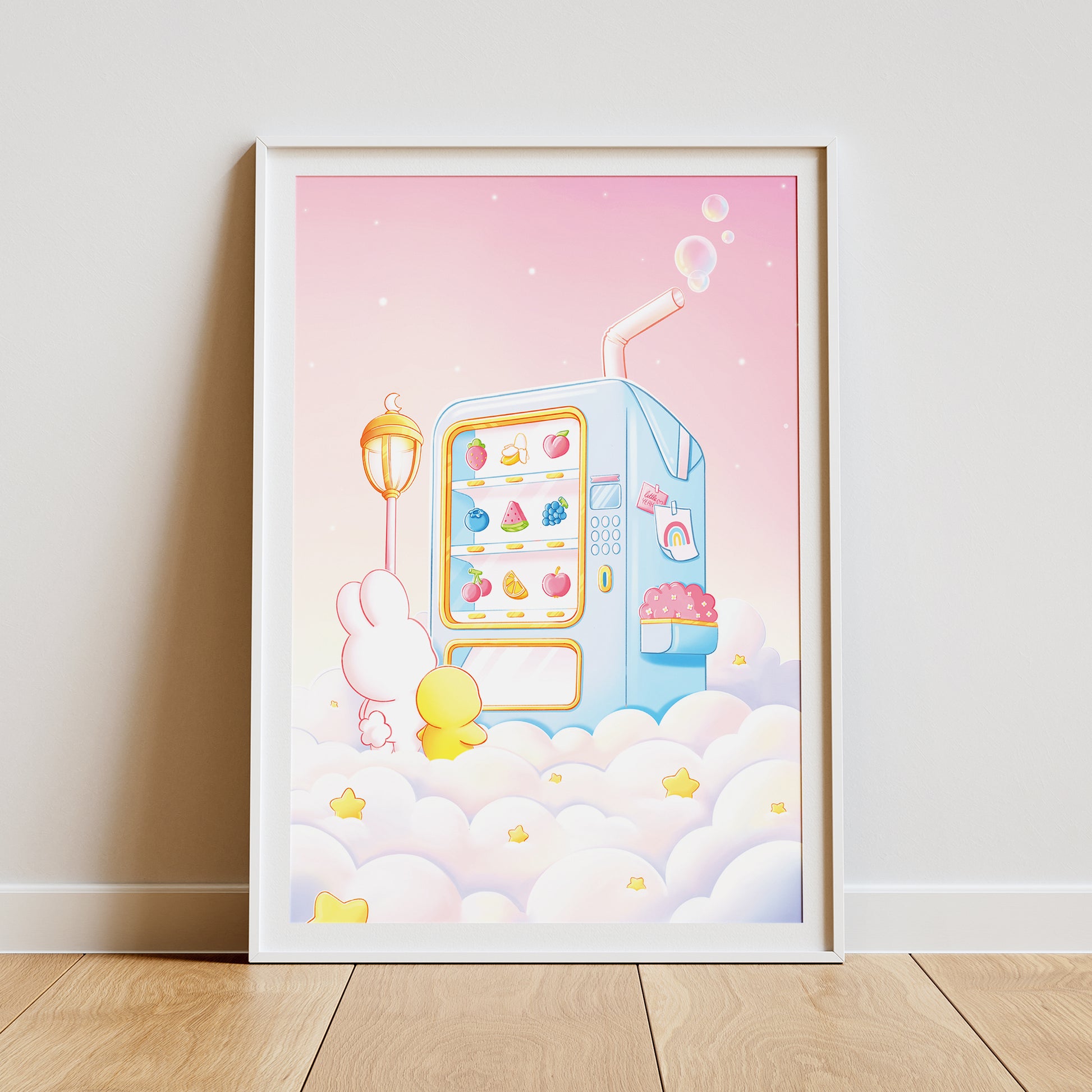 Hase und Ente vor einem Automaten Art Print