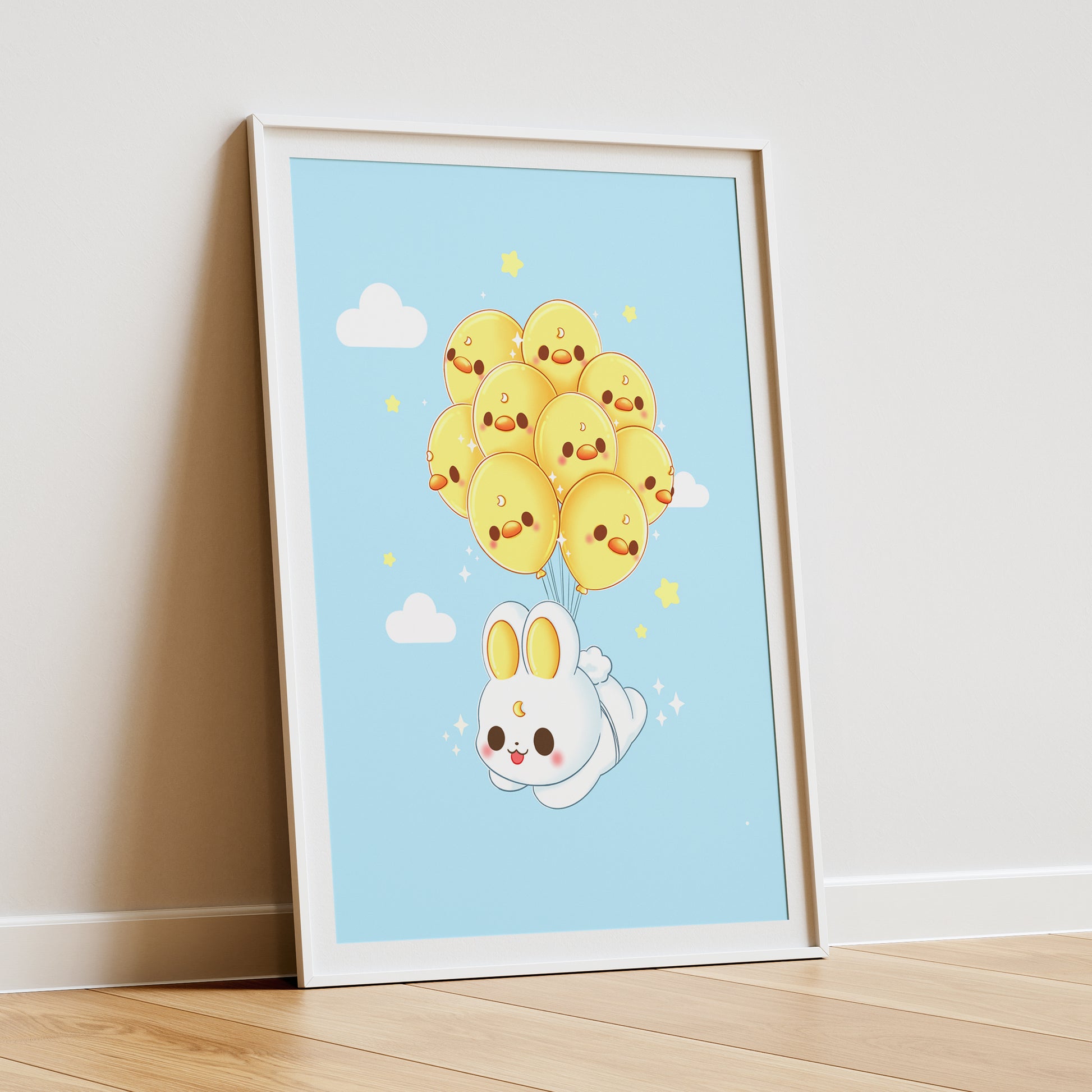 Hase fliegt mit Ballons Art Print 