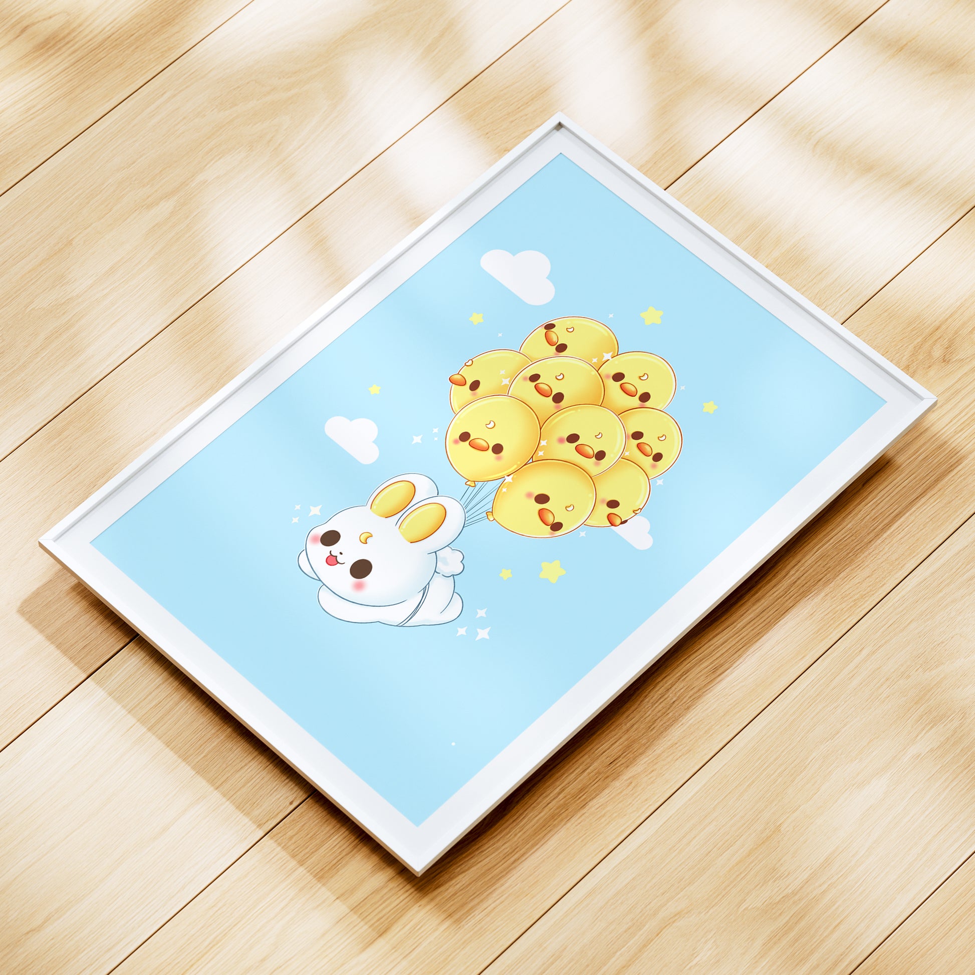 Hase fliegt mit Ballons Art Print 