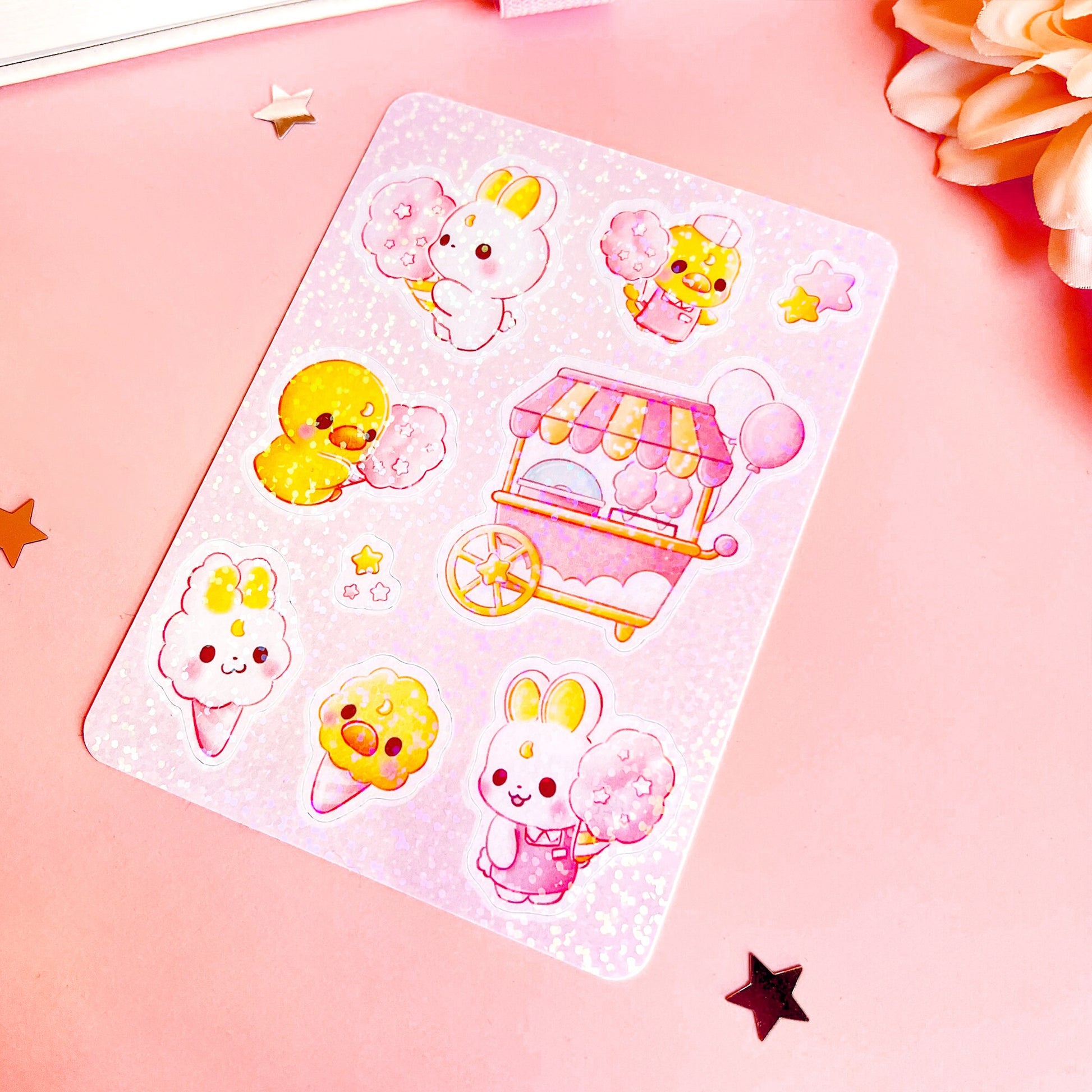 Hase und Ente mit Zuckerwatte Stickerbogen
