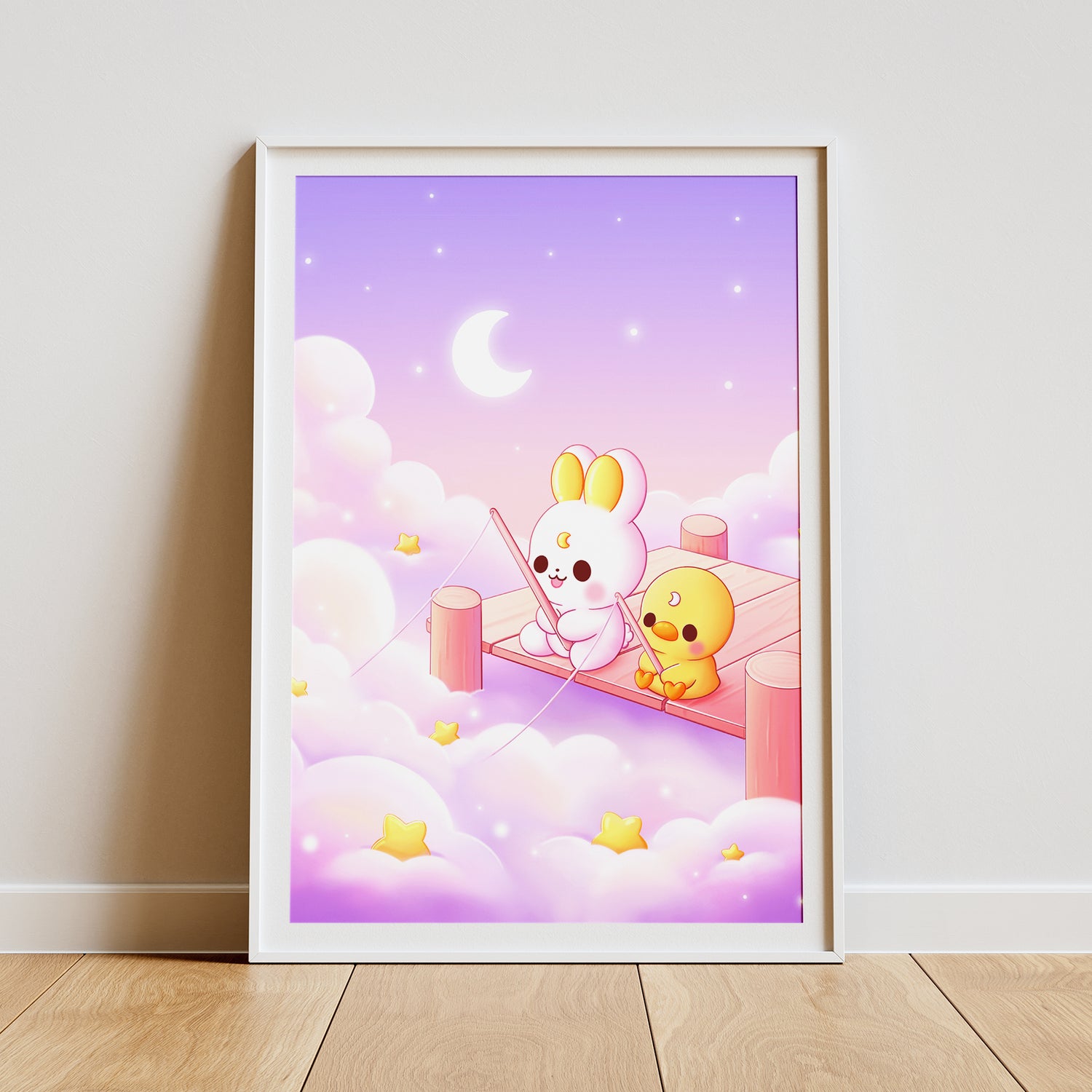 Hase und Ente fischen im Wolkenmeer Art Print