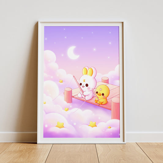 Hase und Ente fischen im Wolkenmeer Art Print