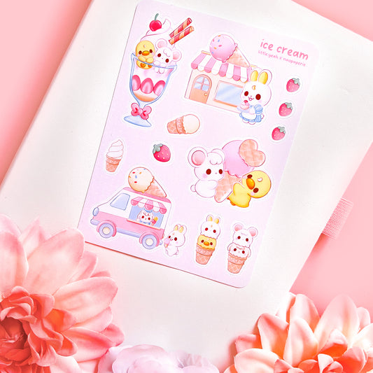 Cute Animals with ice cream - Cute Sticker Sheet