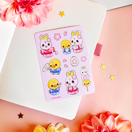 Hase und Ente feiern Sakurafest Stickerbogen