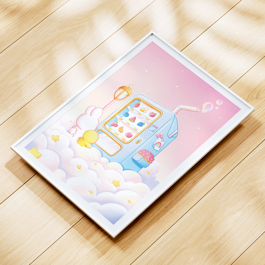 Hase und Ente vor einem Automaten Art Print
